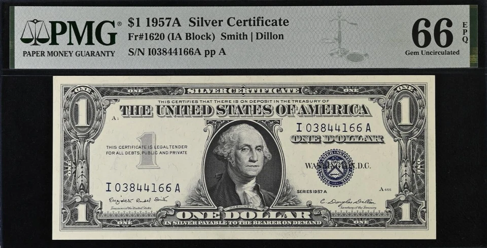 1957A $1 Silver Certificate - 4 x PMG Gem 66EPQ - Lot of 4 mixed Notes Fr 1620 - Image 2 of 4