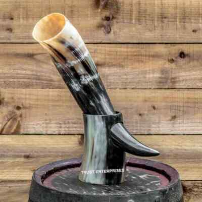 Handmade Medieval Vintage Drinking Horn Mug Viking Cup with Stand office Decor