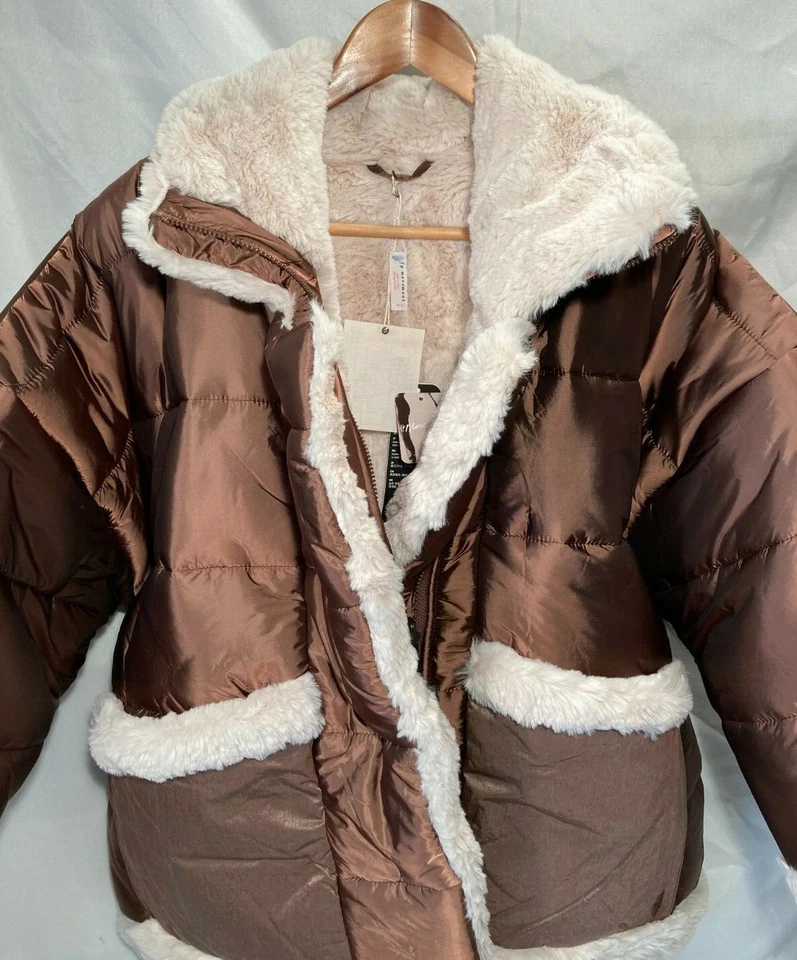 Free People Medium Size Coco Reversible Teddy Fur Padded Bronze Puffer Jkt - Image 3 of 4