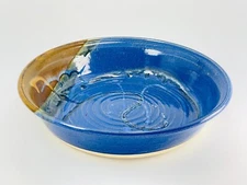 Vintage Ceramic Pie Plate Pan Blue Blue Brown Abstract Stoneware Dish 10.5"