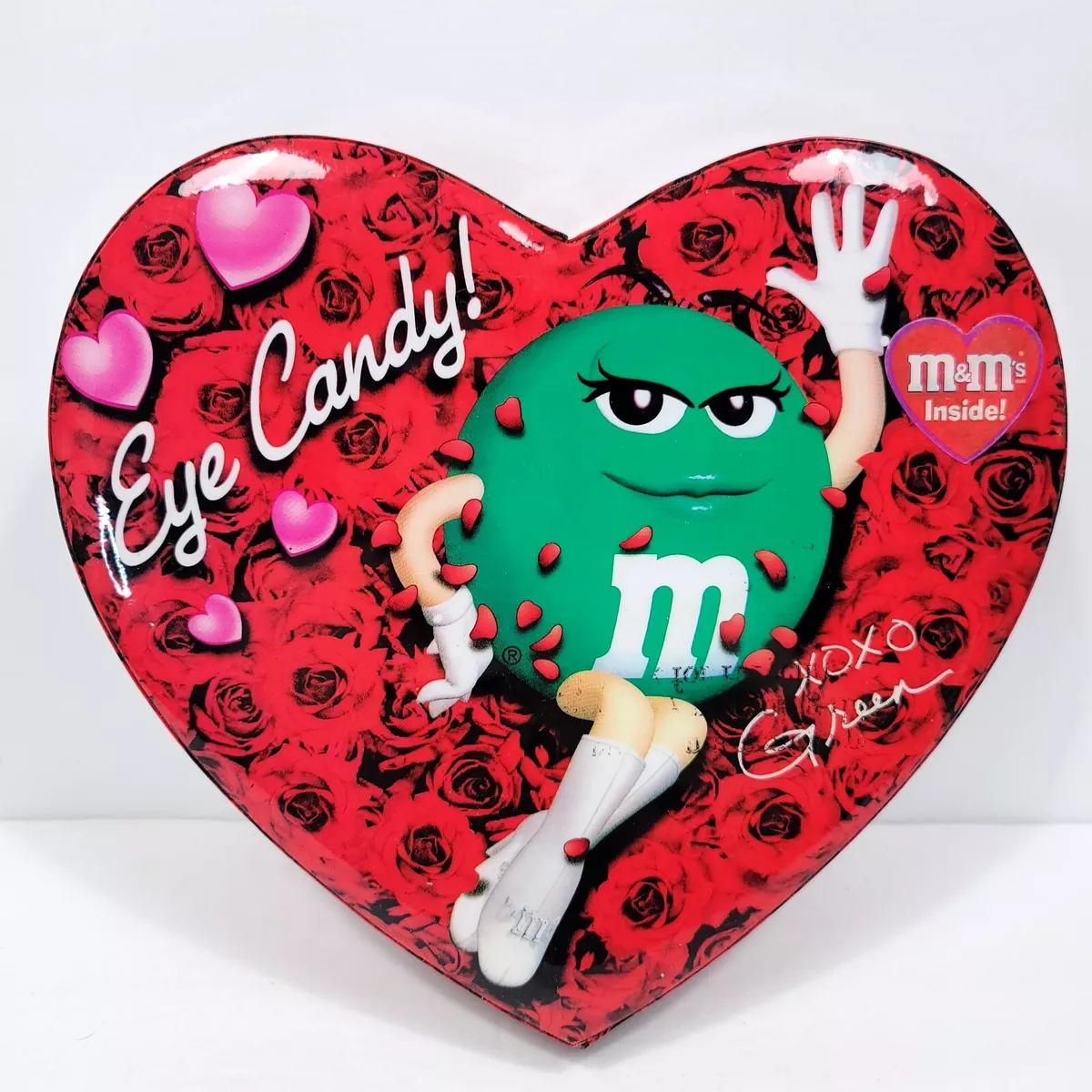 M&M's Eye Candy XOXO Green Red Heart Valentines Padded Candy Box M&M's Eye Candy XOXO Green Red Heart Valentines Padded Candy Box