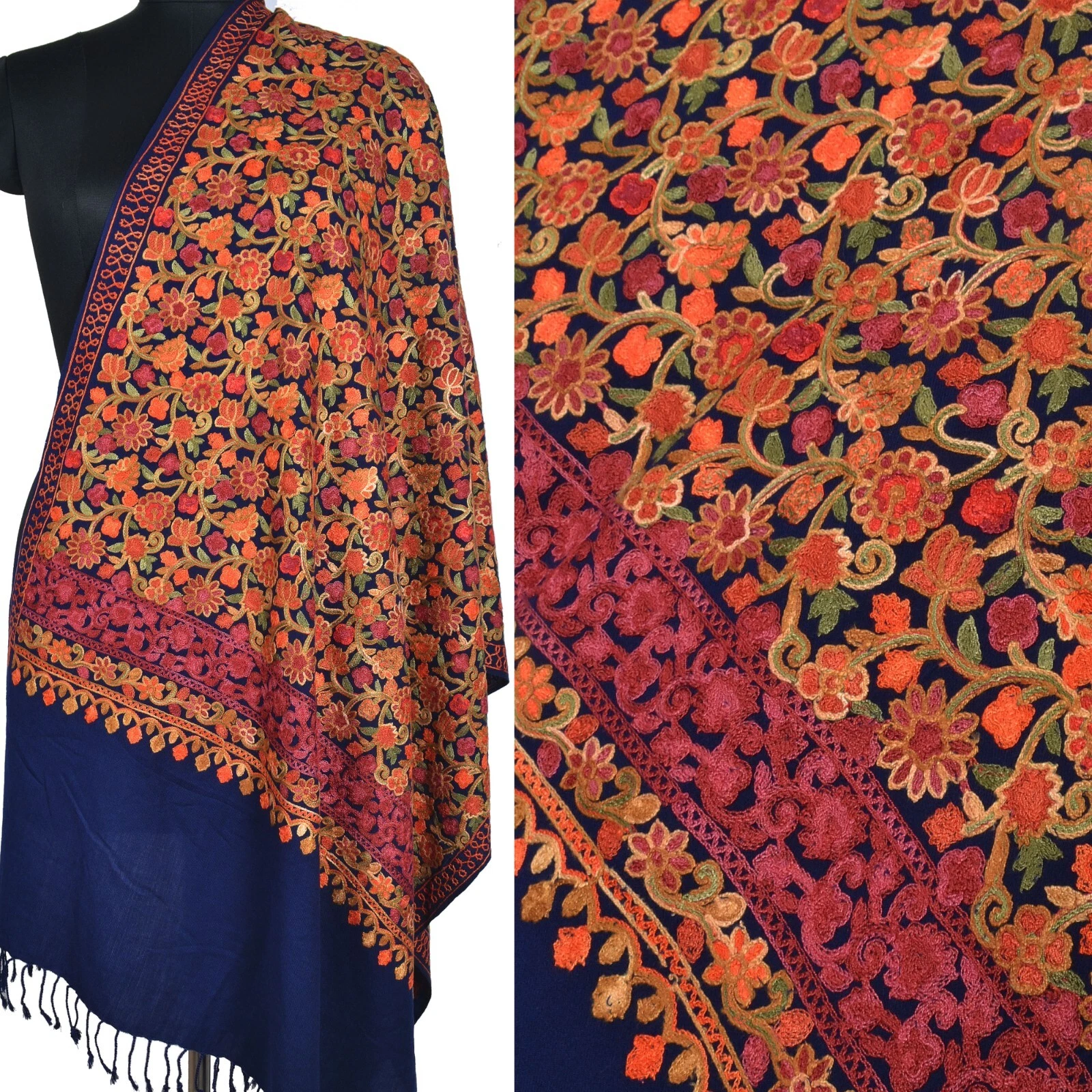ROYAL BLUE Floral Scarf Kashmiri Hand Embroidered Stole Silk Pashmina Wrap
