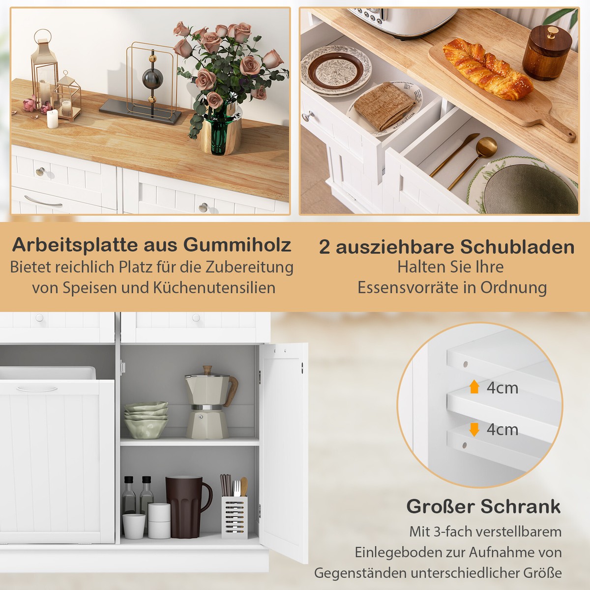 Küchenschrank Mit Mülltonnenhalterung - Sideboard 100cm Mit Schubladen & Abfallschrank