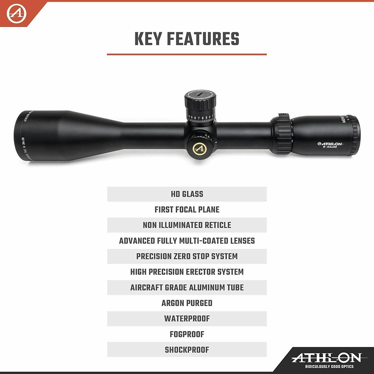 Athlon Midas TAC 6-24x50 Rifle Scope 30mm APLR4 FFP MOA IR Reticle