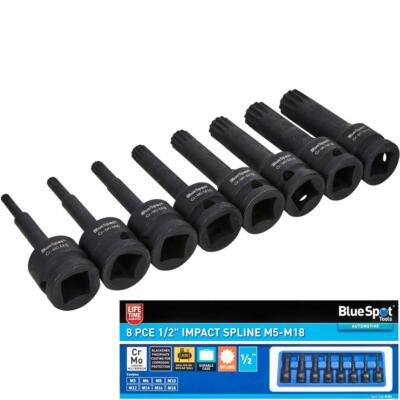 Bluespot 8tlg Spline Sechskant Bit ImpaSteckschlüsselsatz 1/2'' Steckschlüssel M8 - M18 mit Schiene