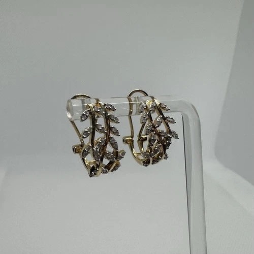 14k Yellow & White Gold Leaf Shaped Diamond Omega Back Earrings, .33ctw, 4.55g
