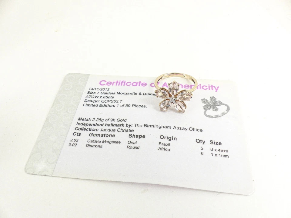 9ct Gold Morganite & Diamond Ring Cluster  Hallmarked Size N 1/2 with Gift Box - Image 3 of 4