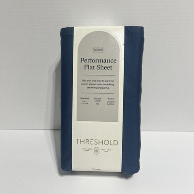 Threshold QUEEN 400 Thread Count Performance Flat Sheet Metallic Blue NEW