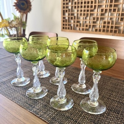 1930 s  Saint LOUIS Crystal France ~ Etch Chartreuse Wine Glasses 6.75  Set of 7