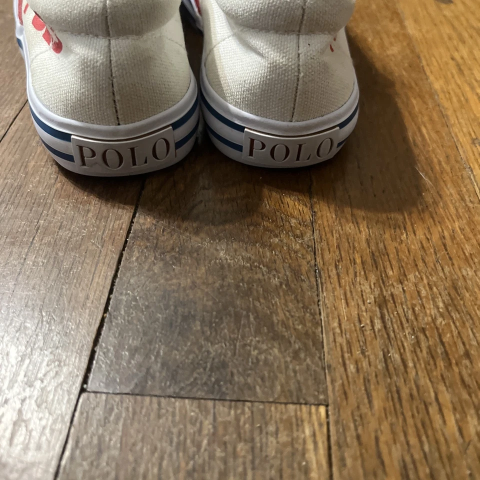 Polo Ralph Lauren Lona Zapatos Sin Cordones Tenis Blanco Rojo Azul Niños Talla 12 Foto 4 de 4