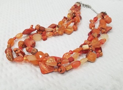 Vintage Shades of Orange MOP Nugget and Crystal Multi Strand Choker Necklace