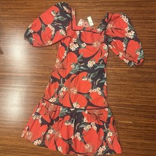 Farm Rio Jamila Dress Womens Red Print Cotton Midi Dress Puffy Sleeves XS NWT