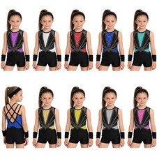 Girls Dance Gymnastics Training Outfits Competition Sparkly Leotard Yoga Set