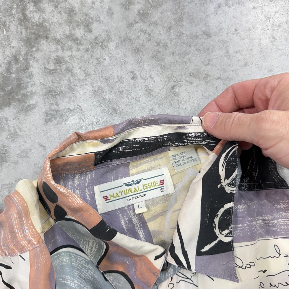 Vintage Natural Issue Shirt Mens Large Pastel Abstract Art Silk Short Sleeve 90s Foto 3 de 4