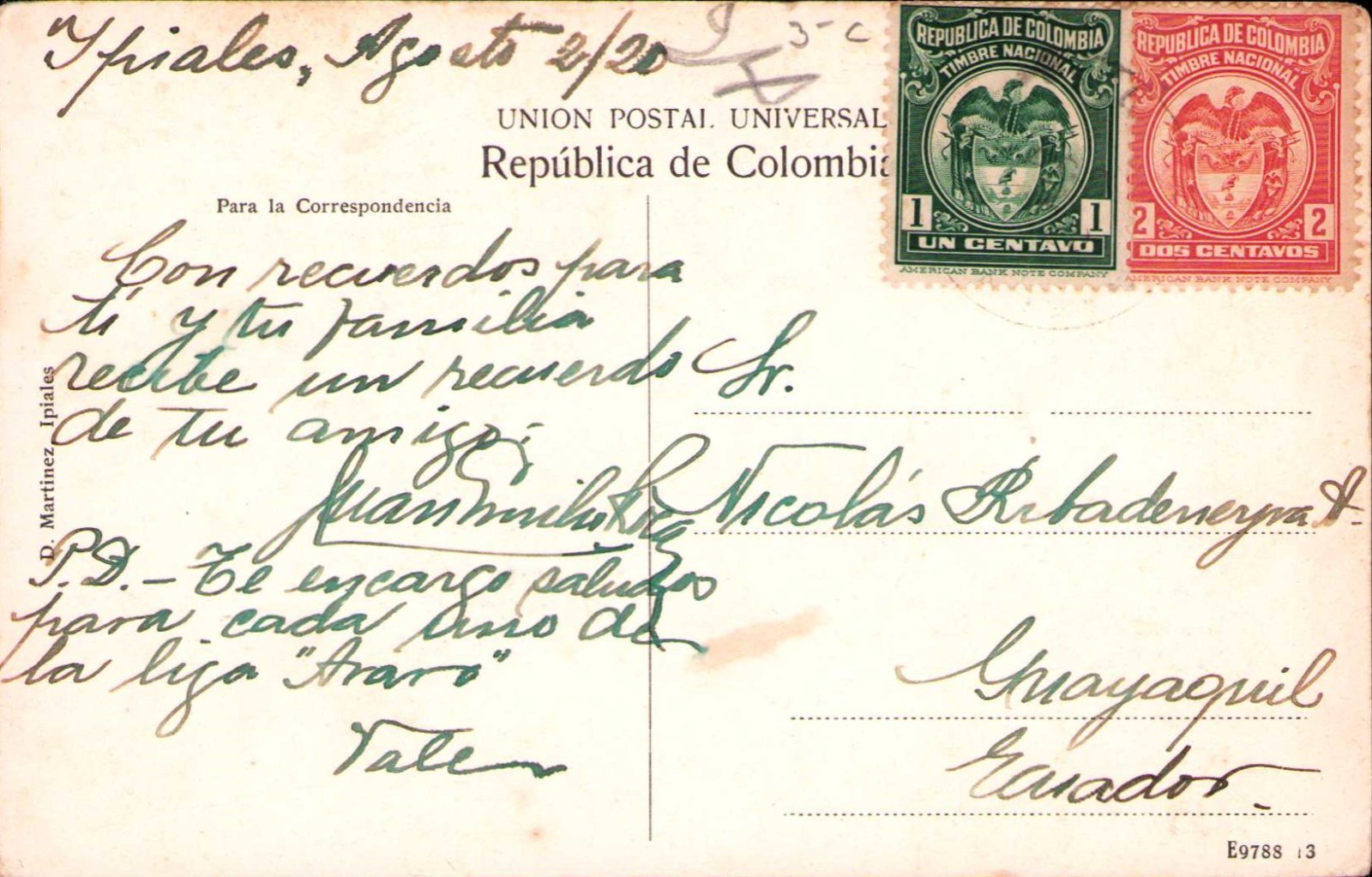 COLOMBIA - ECUADOR - 3c POSTCARD W/ REVENUE STAMPS - IPIALES to GUAYAQUIL - 1920