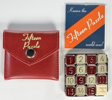 Fifteen Puzzle Slide Number Metal Enamel Game w/ Red Pouch And Instructions