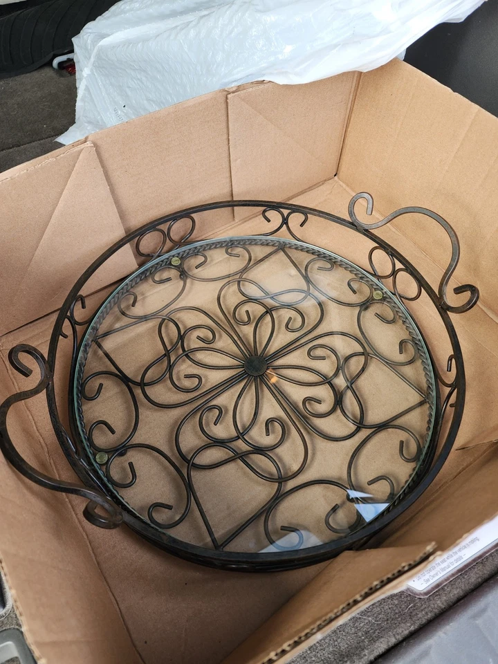 Southern Living at Home, 14" Round Jamestown Metal Footed Tray w/ Glass Insert - Image 2 of 4