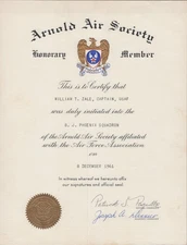 1961 Arnold Air Society Honorary Member Certificate Captain William Zale