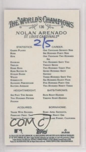 2021 Topps Allen & Ginter's X Mini Red /5 Nolan Arenado #136 - Image 2 of 2