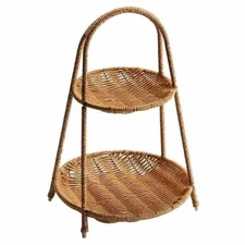 Two Tiered Rattan Serving Stand | Serving Tray for Party | Round Wooden Platt...