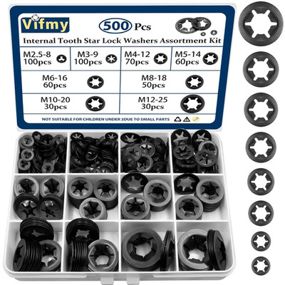 500PCS Internal Tooth Star Lock Washers, M2.5 M3 M4 M5 M6 M8 M10 M12 Quick Speed