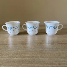 Set of 2 Corelle Forget Me Not Flat Cups by Corning Ware Plus Creamer