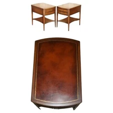 PAIR OF VINTAGE FULLY STAMPED GRAND RAPIDS MICH BROWN LEATHER SIDE LAMP TABLES