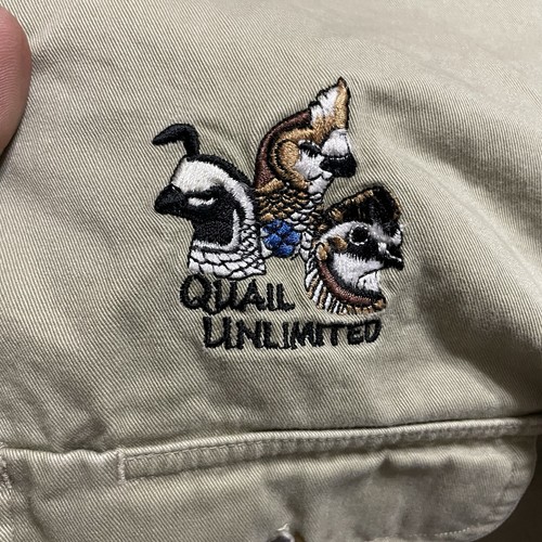Quail Unlimited Hunting Beige Camo Shirt Men Size Measured Shooting Shoulder Pad - Picture 7 of 10