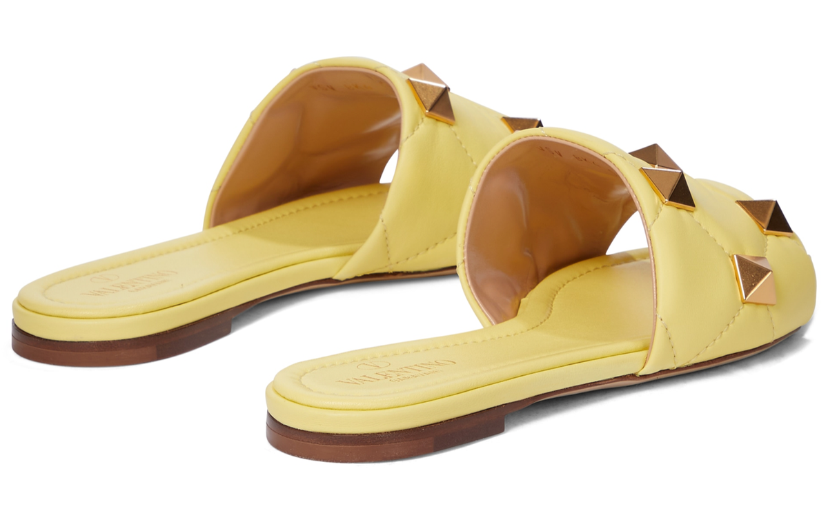 Valentino Rockstud Roman Stud Lime Yellow Leather Quilted Slide