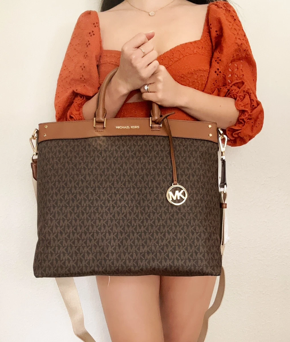 Michael Kors Jet Set Travel Large North South Tote Bag MK Logo Brown  194900889107