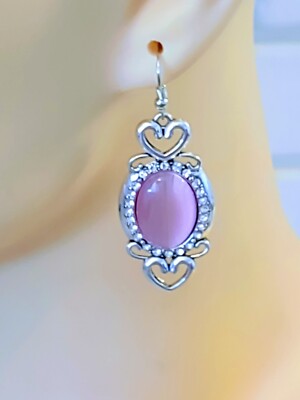 STAINLESS STEEL PINK CATS EYE STONE & CZ DANGLE EARRINGS