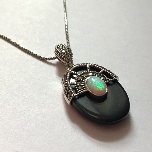 Antique style Art Deco Sterling Silver Marcasite Opal black Pendant Necklace - Picture 6 of 10