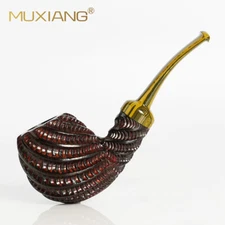 MUXIANG Briar Tobacco Pipe Rusticated Wooden Freehand Pipe Curved Ebonite Stem