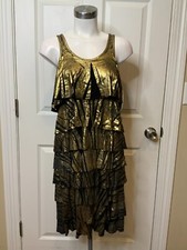 Michael Kors Black & Metallic Gold Painted Tiered Sleeveless Dress, Size XS, NWT