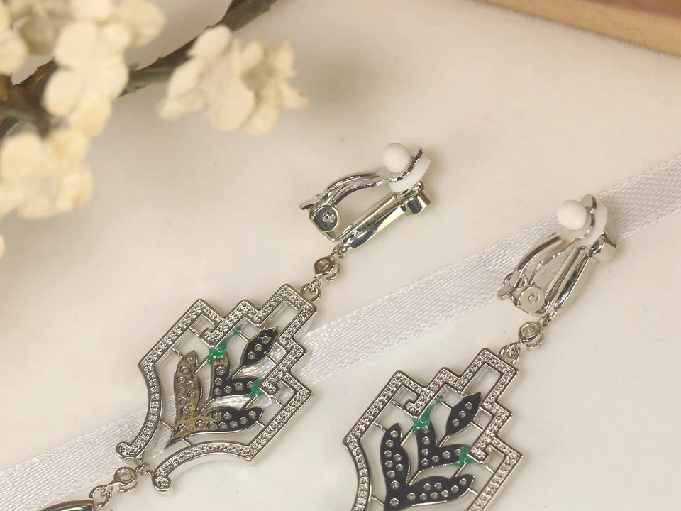 Art Déco Ohrringe Clip-On Silber Email Eingefasst CZ Achat Schwarz QD33 - Bild 3 von 4