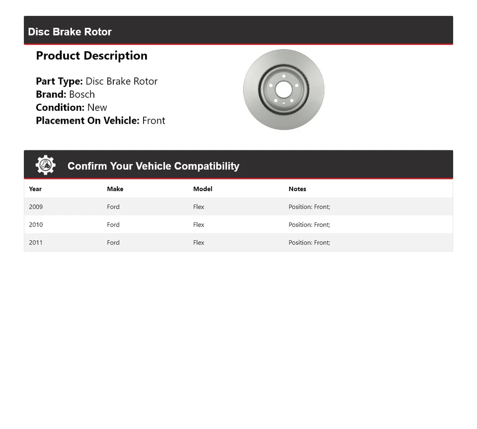 Rotor de freno de disco delantero QuietCast 2010 para Ford Flex Bosch 2009-2011 Foto 2 de 4