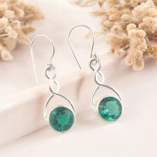 Round Cut Green Emerald 925 Sterling Silver Handcrafted Jewelry Earrings 1.68"