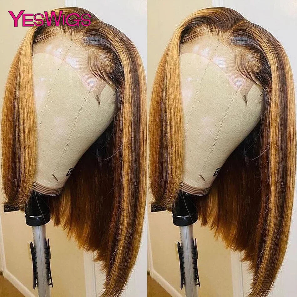 Pelucas de cabello humano delanteras de encaje bob corto recto marrón resaltado 4x4 cierre pelucas