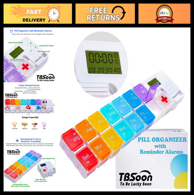 Weekly 7 Day Pill Organizer with 4 Alarms, Loud Reminder, 14 Compartments, Trave