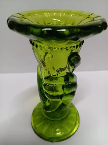 Fenton Green Art Glass Torch Bud Posey 4" Hand Vase Vintage