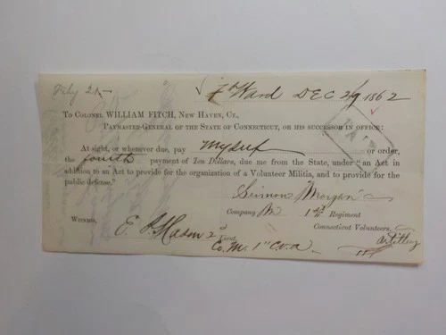 Civil War Document 1862 1st Connecticut Fort Ward Soldier Signature Original
