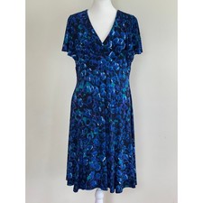 Chaps Petite Blue Teal Abstract Floral V-Neck A-Line Jersey Dress PL