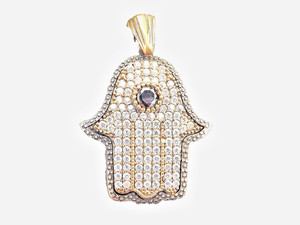 Authentic Antique Style Hamsa Hand Pendant Black & White Moissanite 14K Yellow Gold Plated