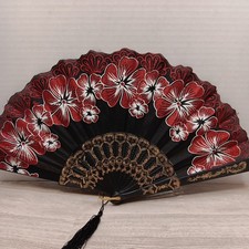 Vintage Spanish Flamenco Style Folding Hand Fan Red Floral Black