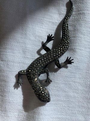 1920s Art Deco Salamander Lizard Lapel Pin Brooch 3'' Sterling Faceted Hematite