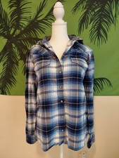 long sleeve button up plaid flannel shirt top blouse blue size M