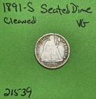 1891-S Seated Liberty Dime 10c VG Very Good Cleaned