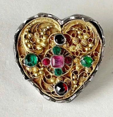 antik Herz Brosche Herzbrosche Antikschmuck Trachtenschmuck um 1900 bunte Steine - Bild 1 von 2