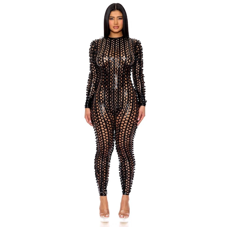 Macacão recortado furos mangas compridas zíper traseiro transparente preto 114841 L/XL - Imagem 3 de 4