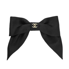 Designer Black Satin Bow Hair Clip with Gold Accent Classic Oversized Style H...